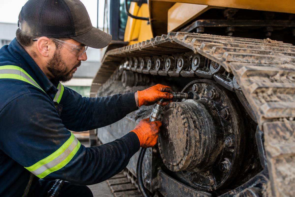 Technician performing heavy equipment maintenance